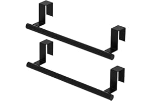 Qflushor Cabinet Door Towel Holder, Over Cabinet Towel Bar, Stainless Steel Dish Towel Holder for Cabinet Door Kicthen Towel Rack, Matte Black 2 Pack
