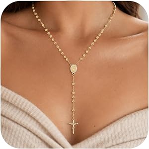 Women's Gold Catolicos Rosary Necklaces - 14k Gold Plated Virgin Mary Rosary Bead Cross Necklaces, Non Tarnish Gold Catholic