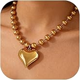 Long tiantian Chunky Gold Necklace with Heart Star Pendant Puffy Charm Necklace for Women Chunky Beaded Chain Trendy Jewelry