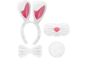 DysanVica Easter Bunny Costume Adult - Easter Bunny Ears Headband Bunny Tail Bowtie Nose Easter Accessories Set for Women, Rabbit Ears Dress Up Party Supplies (White and Pink)