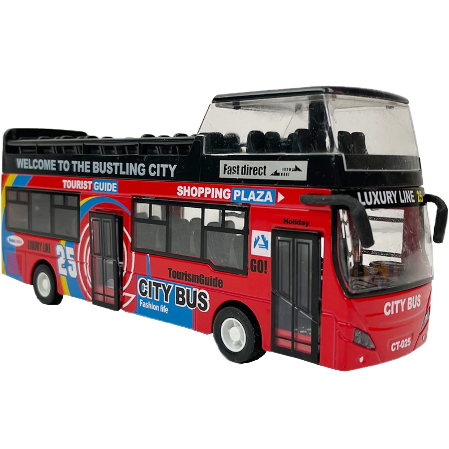 Photo 1 of Liberty Imports 1:32 Scale Die Cast Sightseeing Tour Bus Toy Pull Back Vehicles | Mini Double Decker Tourist Open Top Bus Model Car | Pullback Action Toys with Lights and Music (Red)