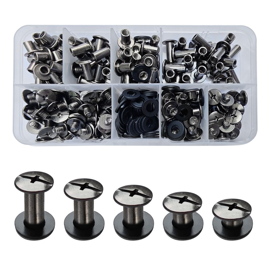 SHSMPXOY 100 Sets Chicago Screws M5*4/6/8/10/12mm Chicago Book Binding Screws Rivets for Leather Metal Rivet Replacement Repair for DIY Book Scrapbook Bookbinding, Bags,Collars(Gloss Black)