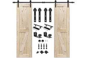S&Z Tophand 28" x 84" Double Unfinished British Brace Knotty Barn Door Kit with 10FT Sliding Door Hardware - Solid Wood
