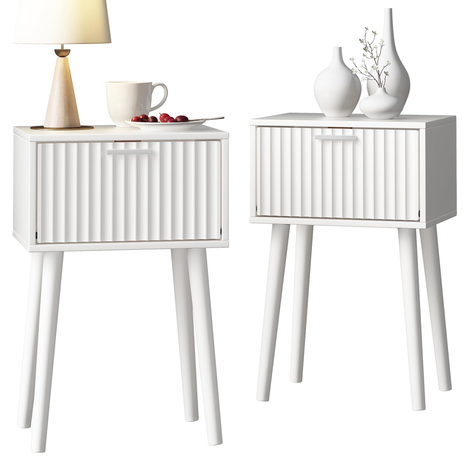 Photo 1 of LAATOOREE Nightstands Set of 2, Small Side Table, Bedside Table with Fluted Door, Solid Wood Feet; Modern Mid-Century End Table for Bedroom, Small Space (White)