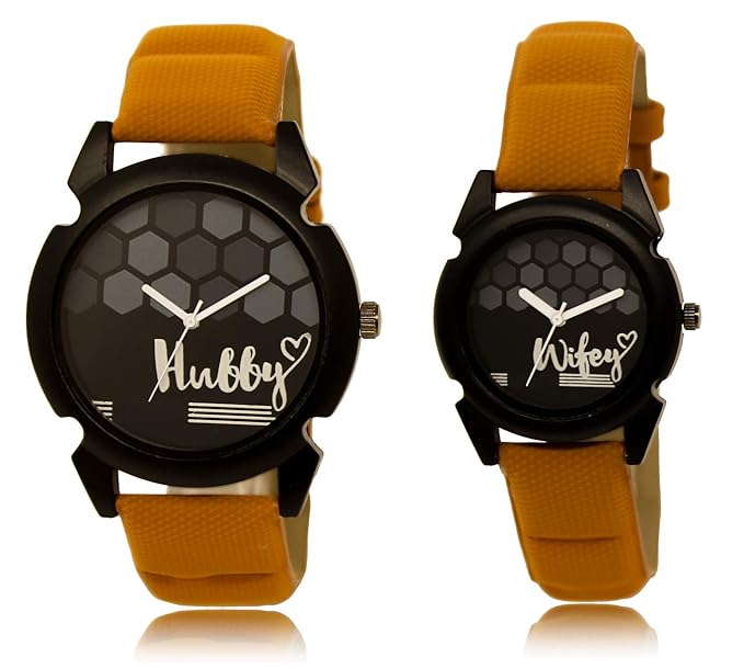 Shocknshop Analogue Round Black Dial Hubby-Wifey Men & Women Couple Watch Brown Strap -(032235)