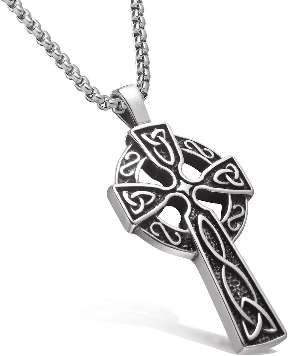 MASARWA Mens Stainless Steel Silver Cross Pendant Necklace Chain Jewellery 60cm,Comes with Velvet Pouch