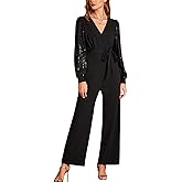 CUPSHE Women's Dressy Long Sleeve Sequin Jumpsuit Fall Night Club Sparkly Outfits V Neck Belted One Piece Romper
