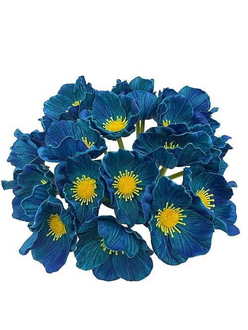 LebriTamFa 14Pcs Real Touch Anemone Poppy Bouquet for Artificial Flower Decor Kitchen Table Centerpiece Vase Home Greenery Wedding Holding Flowers Backdrop Arch Wall (Blue)