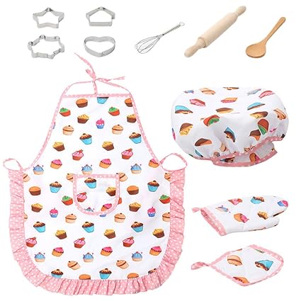 Buyone Kids Cooking and Baking Set - 11Pcs Kitchen Costume Role Play Kits with Apron Role Play Games Design Gifts for Children Cooking Kit