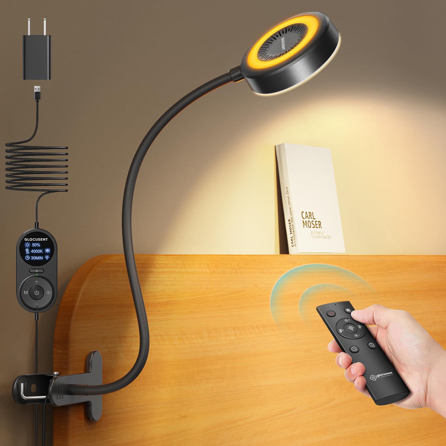 Photo 1 of Glocusent 72 LED Clip on Lamp with Remote, Reading Light with Amer Ring Night Light, 3 Colors & 5 Dimmable Desk Lamp with Clamp, Auto-Off Timer for Night Reading, Bed Light for Headboard/Dorm/Bunk
