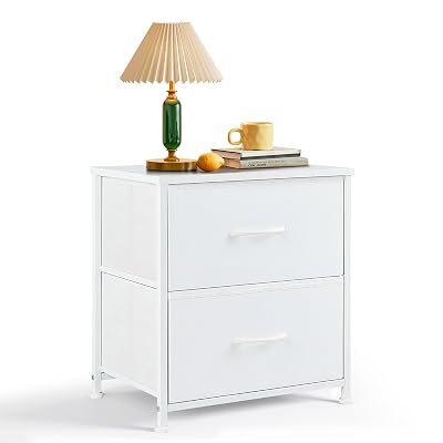 Nightstand, Small 2 Drawer Dresser End Table Bedside Furniture, Wooden Top Fabric Bins for Bedroom, Closet, Entryway, Dorm, 11.8" D x 18" W x 20", White