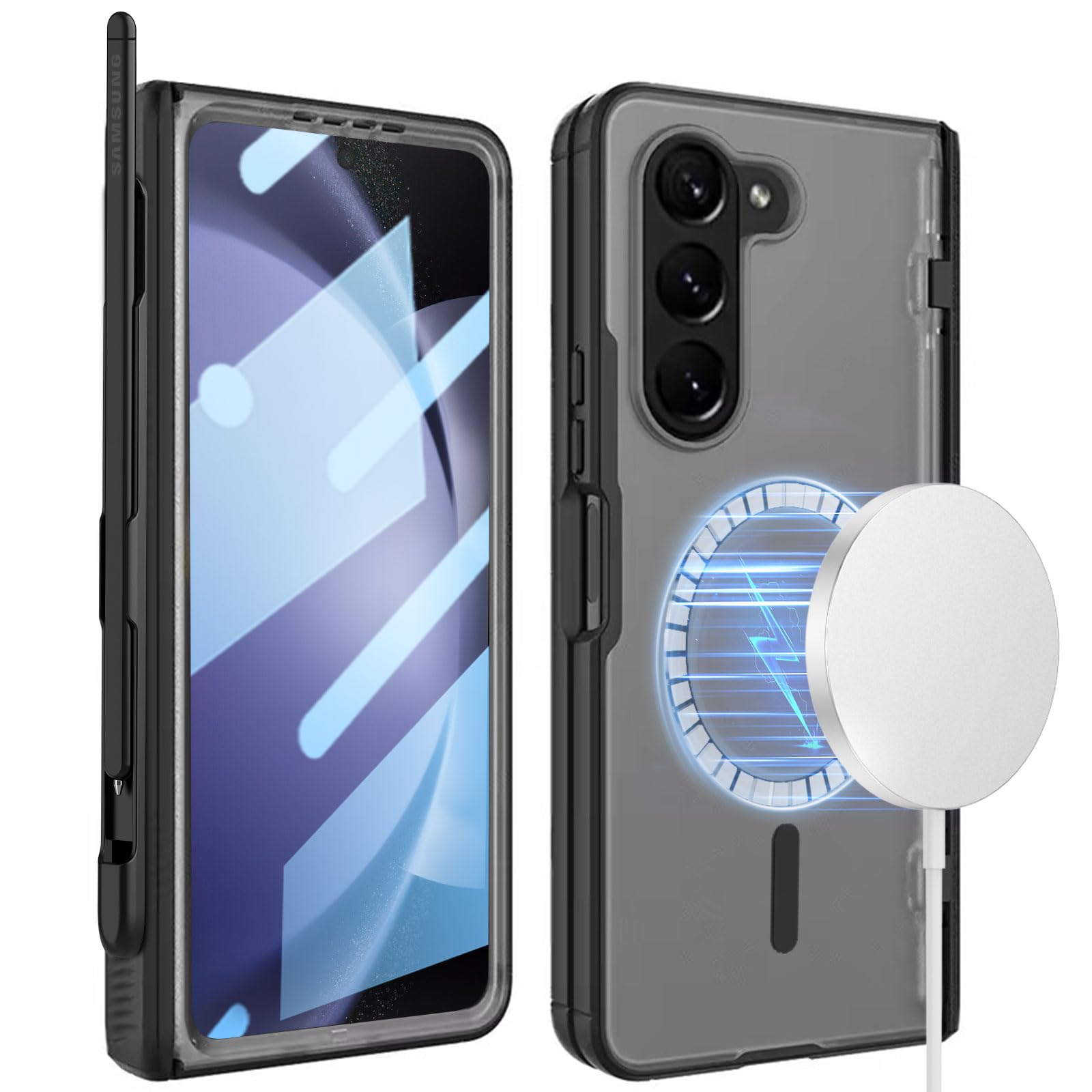 Photo 1 of liuziyi for Samsung Galaxy Z Fold 5 Case [Compatible with Most of Magsafe Accessories] S Pen Holder, Screen Protector, Hinge Protection, Black Frame with Translucent Clear Back, Magnetic Cover 5G 2023