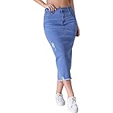 CIMUK Women's Long Denim Skirt Mid Waisted Stretch Ripped Raw Hem Split Casual Pencil Midi Jean Skirts