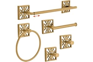 Autumn Alley 5 PC Brushed Gold Modern Bathroom Accessories Set, Wall Mounted - Towel Rack, Hand Towel Ring, Industrial Toilet Paper Holder, and 2 Towel Robe Hook for Gold Bathroom Hardware Set