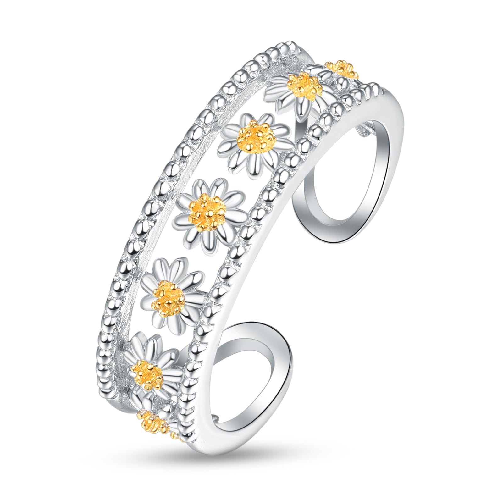 KINGWHYTE Daisy Rings for Women 925 Sterling Silver Adjustable Flower Open Ring Birthday Jewellery Gifts for Girls