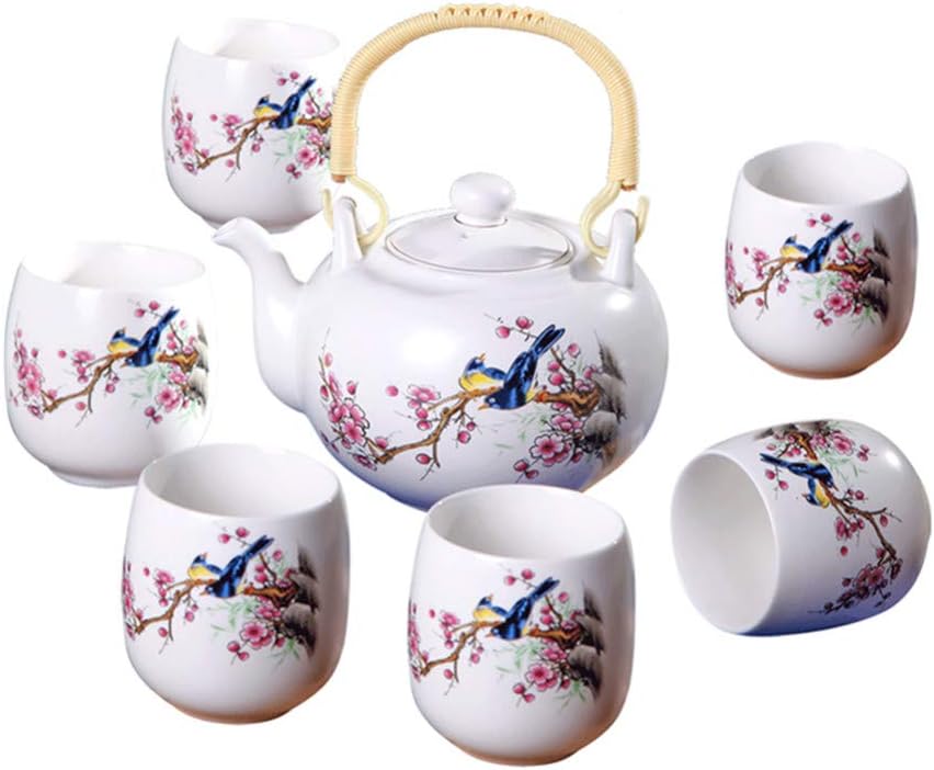 FL5011 7 Piece Vintage Chinese Style Porcelain Handmade Kung Fu Tea Set，Coffee Cup Set with TeaPot,Tea Cups and Magpies and Wintersweet Painting