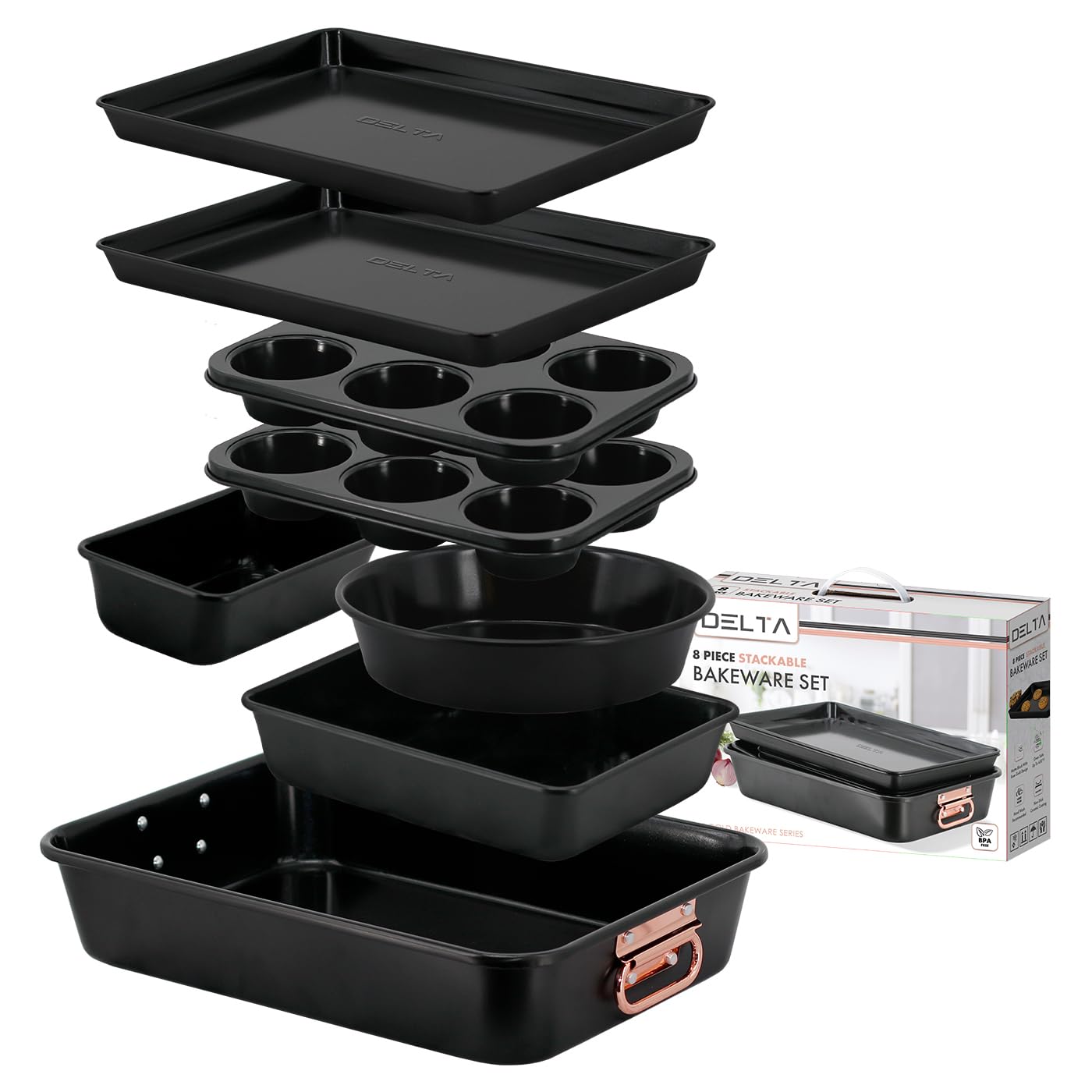 Photo 1 of Prime Cuisine Nonstick Ceramic Bakeware Set – 8 Piece Baking Pans Set, Oven Safe to 450°F, Includes Muffin Pans, Cookie Sheets, Loaf, Roaster, Round & Square Pans, BPA-Free