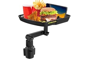 Kelofam Larger Cup Holder Tray, 10 inch Car Food Tray with 360° Rotating Car Cup Holder Expander and Phone Holder, Black Plas
