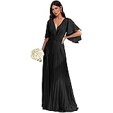 WENKAFO Chiffon Formal Dresses for Bridesmaid Flutter Sleeves Pleated V-Neck Ruffles Long A-Line Wedding Guest Dress L04003