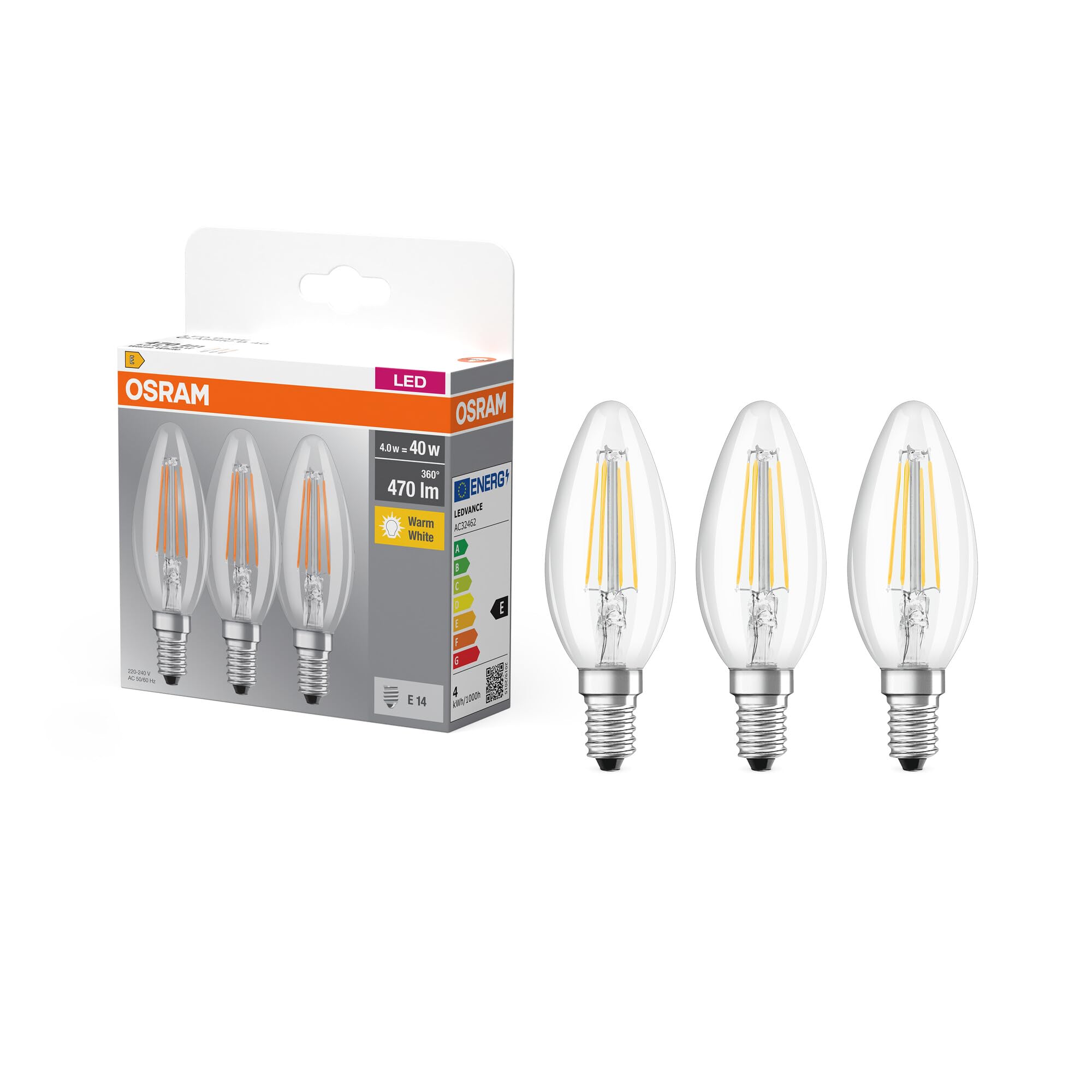 Osram LED Base Classic B/LED-lamp in Candle Shape with E14-base/not dimmable/Replacement for 40 Watt/Filementstil Clear/Warm White - 2700 Kelvin/Pack of 3, 4058075819313