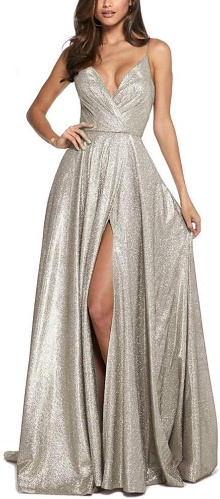 ALFEICE Women's Long Prom Dress V Neck Sparkling Evening Gown High Slit