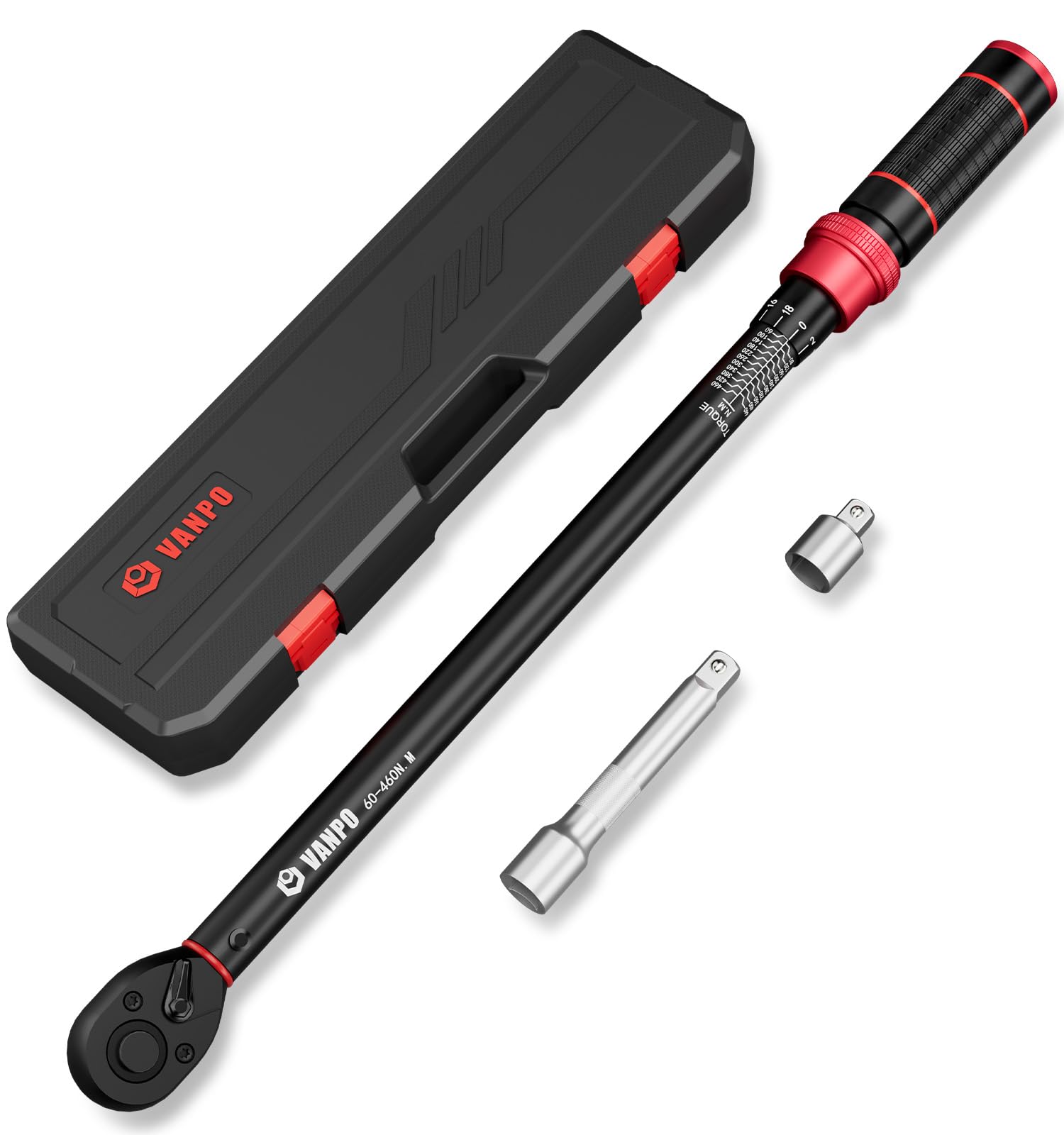 VANPO 1/2 Inch Torque Wrench 60-460 Nm, 72 Teeth Car & Motorcycle Torque Wrench Set 3 Pieces with 125 mm Extension Rod, 1/2 Inch - 3/8 Inch Adapter, for Truck, Tractor