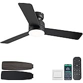 Kviflon 46 inch Modern Ceiling Fans with Lights and Remote/APP Control, Low Profile Flush Mount, Reversible 3 Blades, Double Sided, 6 Speeds, 3CCT, Dimmable LED Lights for Kids Room Bedroom, Black
