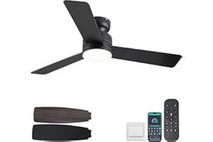 Kviflon 46 inch Modern Ceiling Fans with Lights and Remote/APP Control, Low Profile Flush Mount, Reversible 3 Blades, Double Sided, 6 Speeds, 3CCT, Dimmable LED Lights for Kids Room Bedroom, Black