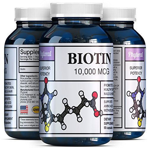 Pure Biotin Supplements - 10000 mcg to Support Hair Growth + Clear Skin + Stronger Nails for Men and Women - Natural and Potent Supplement to Help Fight Hair Loss and Thinning Hair - by Phytoral