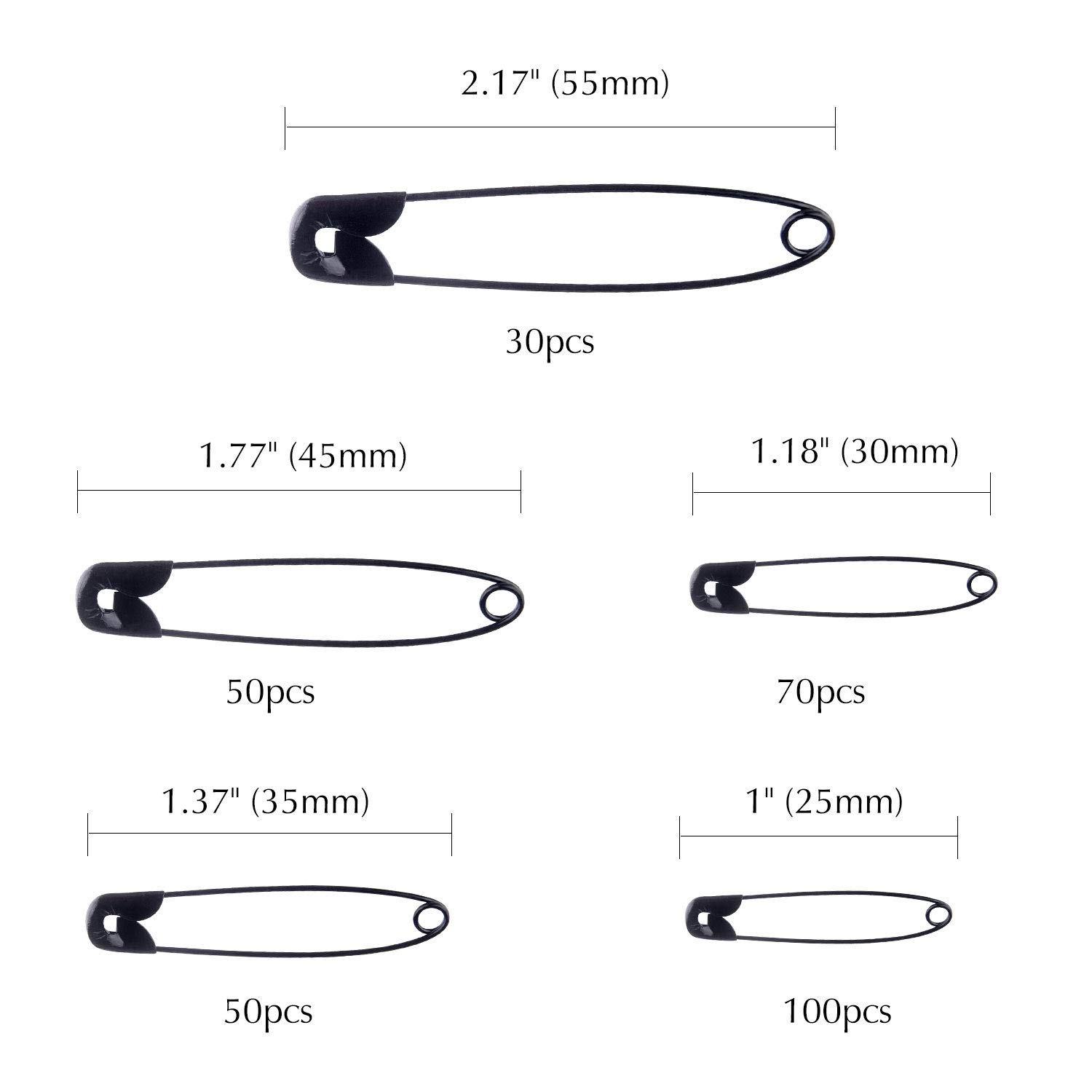 TUPARKA 5 Sizes Black Safety Pins Assorted 25-55mm Small and Large Safety Pins for Art Craft Sewing Jewelry Making in a PP Box (300 pcs)