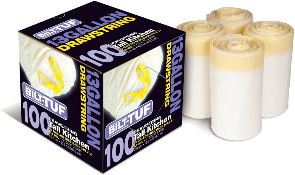 Trash Bags Tall Kitchen 13 Gallon Drawstring White 100 Count Garbage Bags - Bilt-Tuf
