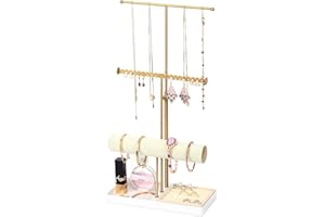 Kukikan Jewelry Organizer Stand with Velvet Bracelet Holder, 3 Tier Sturdy Hangers for Necklaces, Watches, Rings, Earrings, Adjustable Tall 17.1" (Max), Gold Metal Jewelry Tower Gift for Women