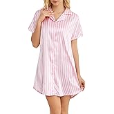 DingCo Soft Satin Boyfriend Long Nightshirt for Women - Button Down Silky Nightgown with Timeless Stripes