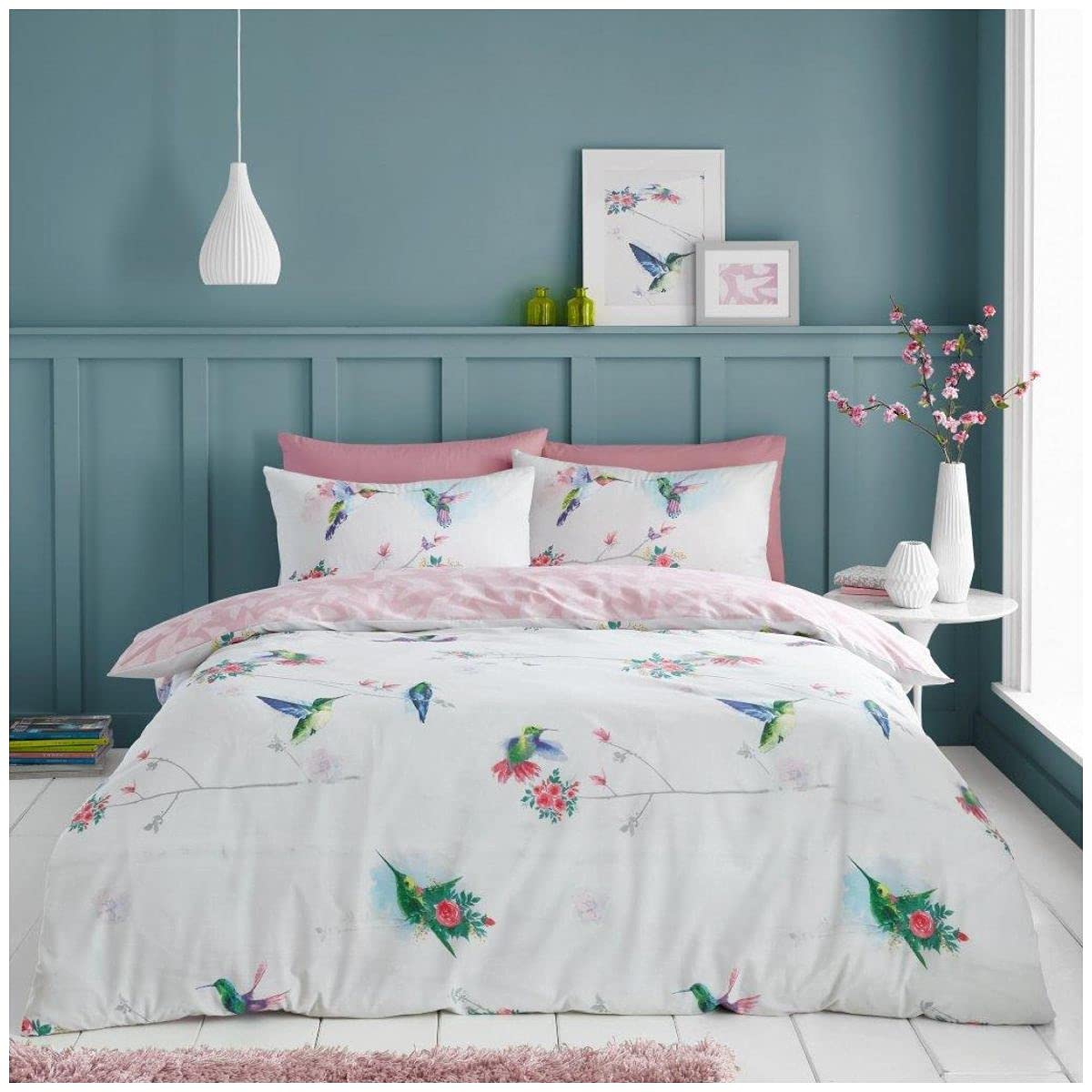 GC GAVENO CAVAILIA Luxury Humming Bird Print Duvet Set, Reversible Botanical Bedding Quilt Cover, Cotton, Blush Pink, King
