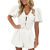 Cicy Bell Womens Cute Rompers Bow Front Puff Sleeve V Neck Short Jumpsuits Sexy Summer Outfits with Pockets