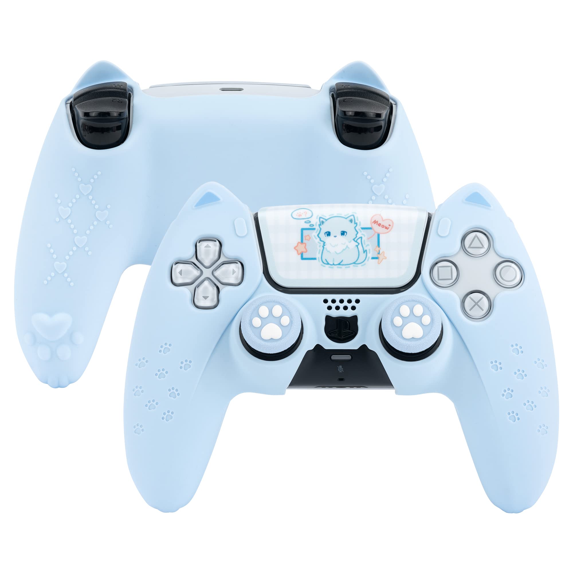 GeekShare Cute Cat Paw PS5 Controller Skin Set Anti-Slip Silicone Protective Cover Skin Case for PS5 Wireless Controller with 2 Thumb Grip Caps and 1 Sticker (Blue)