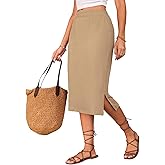 Naggoo Midi Skirts for Women Summer Elastic High Waisted Side Slit Long Skirt Khaki XL