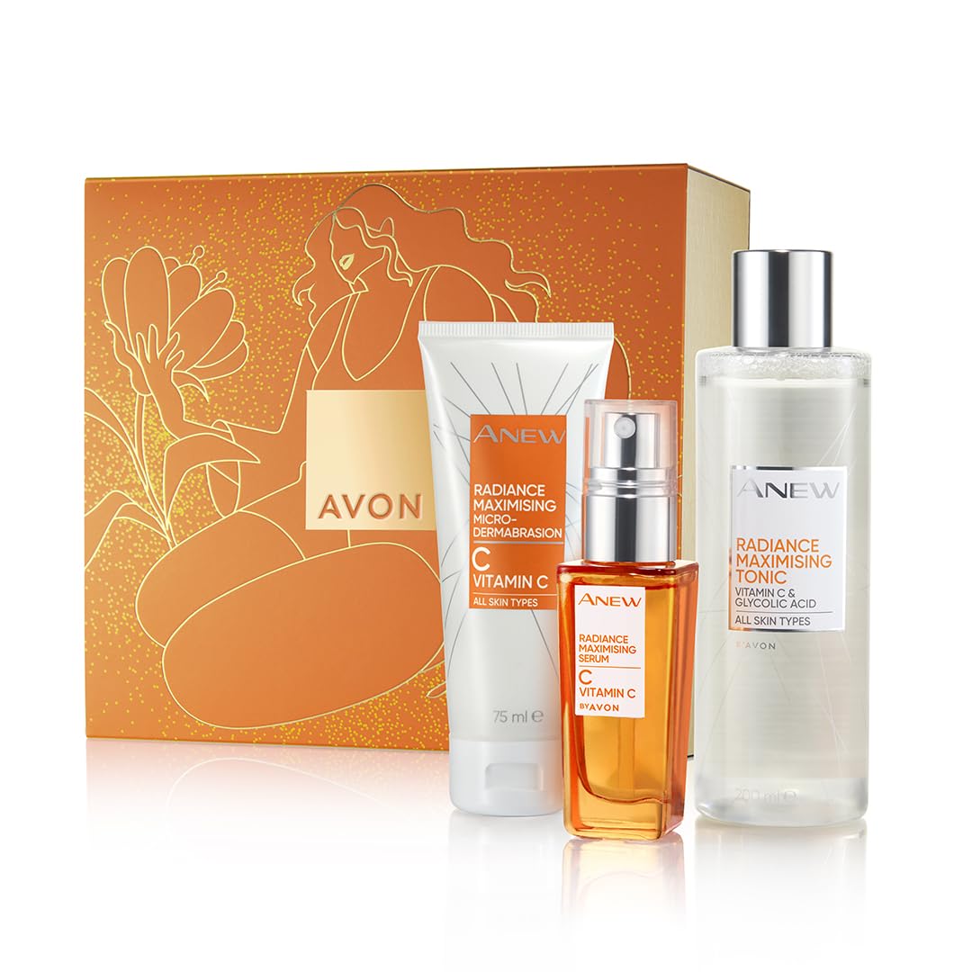 Avon Anew Skin Saviours Vitamin C Three Piece Gift Set with Radiance Maximising Serum 30ml, Radiance Maximising Tonic 200ml and Radiance Maximising Microdermabrasion Face Polish 75ml in a Gift Box
