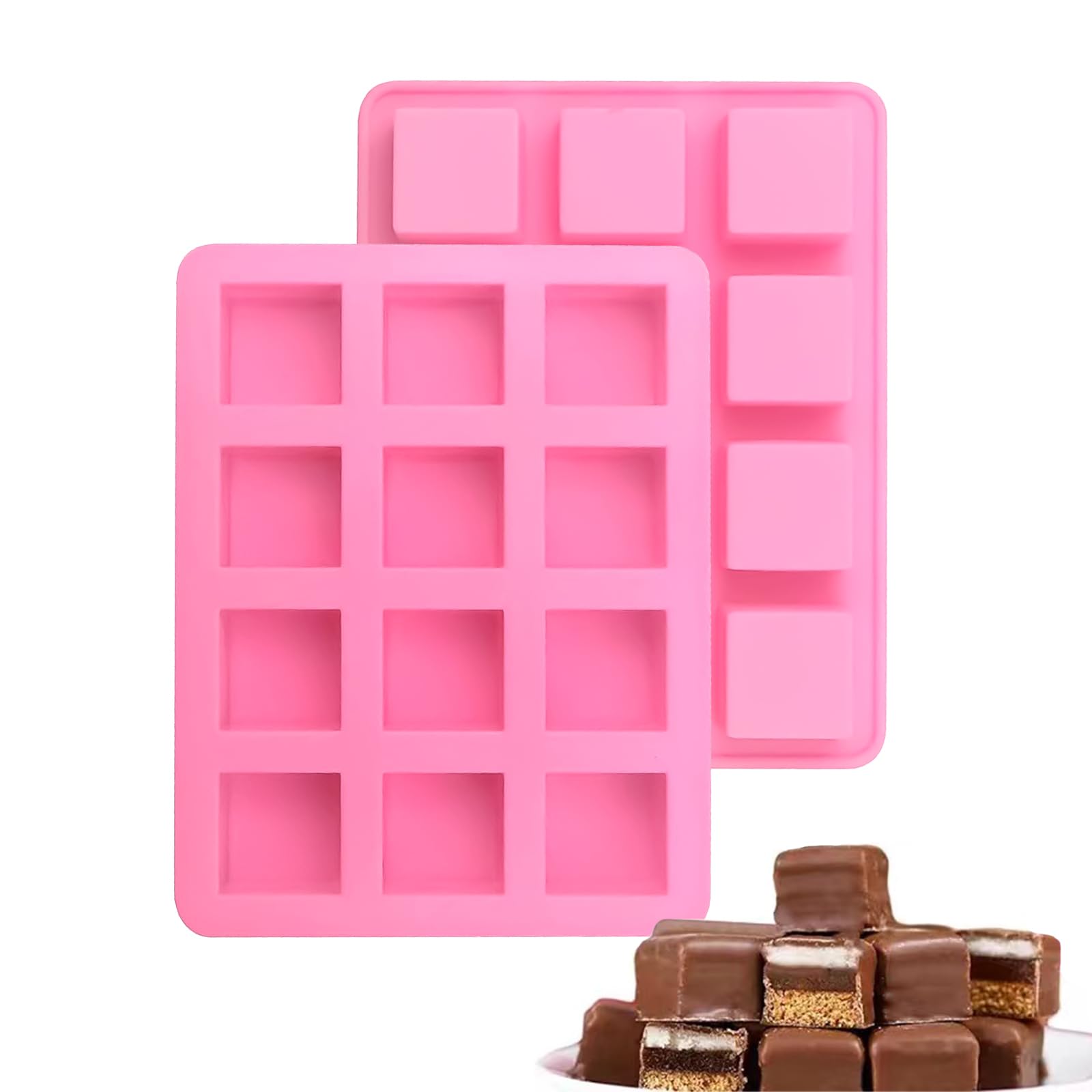 Deep Chocolate Moulds,2PCS Square Silicone Moulds, 12 Cavity Ice Cube Trays Moulds, Candy Caramel Fudge Chocolate Jelly Pudding Molds for Homemade DIY Pralines Gummy