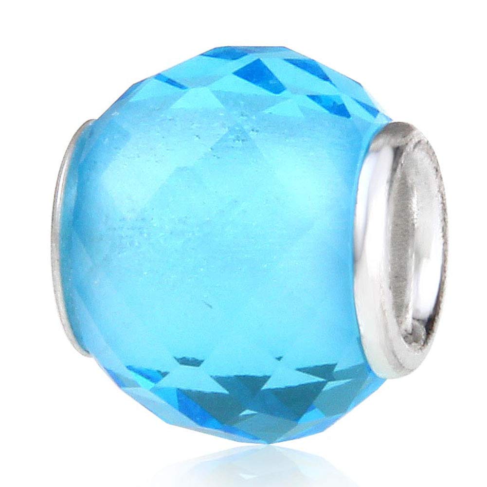 925 Sterling Silver Murano Lampwork Glass Charm Birthstone Charm Birthday Charm Anniversary Charm for Pandora Charm Bracelet … (Light Blue)