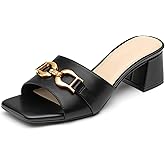 Athlefit Women's Raffia Heeled Sandals Square Open Toe Slip On Mules Chunky Block Heels with Metal Chain for Summer Vacation