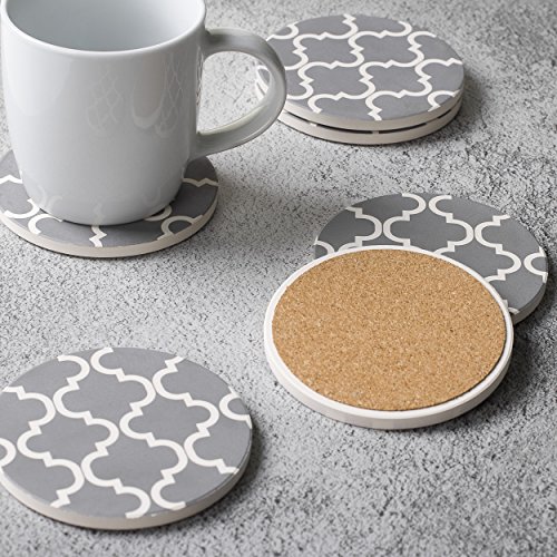 Y YHY Absorbent Stone Coaster Set, Drink Spills Coasters, Set of 6, Grey & White, Geometric Pattern