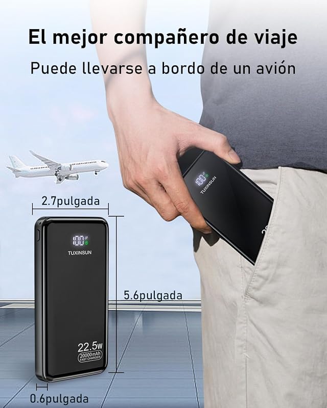 Power Bank 20000 mAh 22,5 W PD3.0 QC4.0, batería Externa para móvil con Carga rápida PD20W, Pantalla LCD, Puertos USB-C de Entrada y Salida, Cargador portátil Compatible con Smartphones — foto 6 de 6