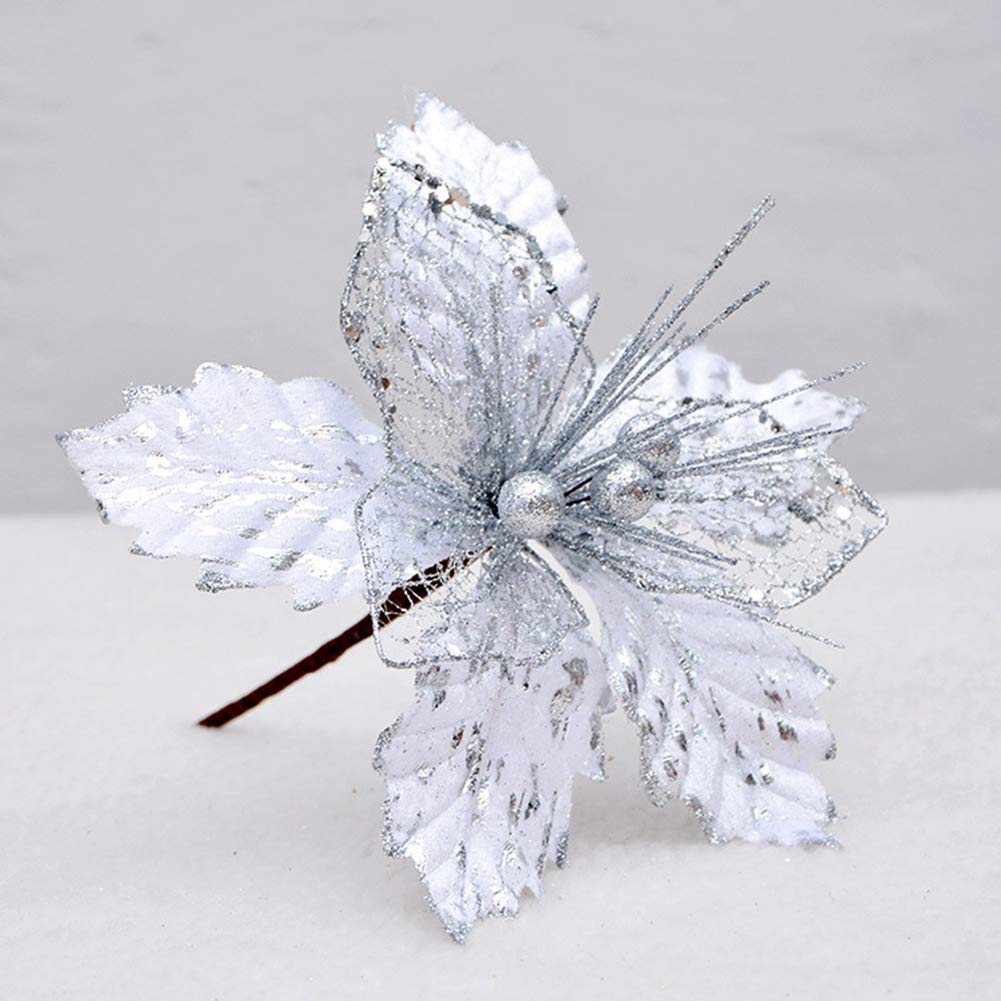 SUREH 9pcs Artificial Silver & Gold Poinsettia Flowers - 9inch Red Christmas Tree Ornaments & Wreaths Decor