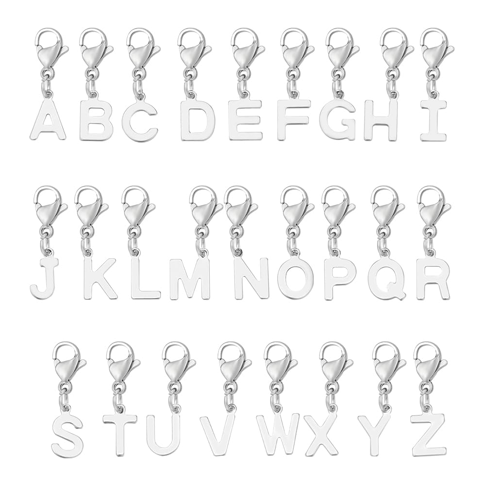 UNICRAFTALE 26Pcs 26 Styles 201 Stainless Steel Alphabet Charms Pendants Set Metal A-Z Letter Pendants 25mm Long Letter Charms with 304 Stainless Steel Lobster Claw Clasps for Jewelry Making