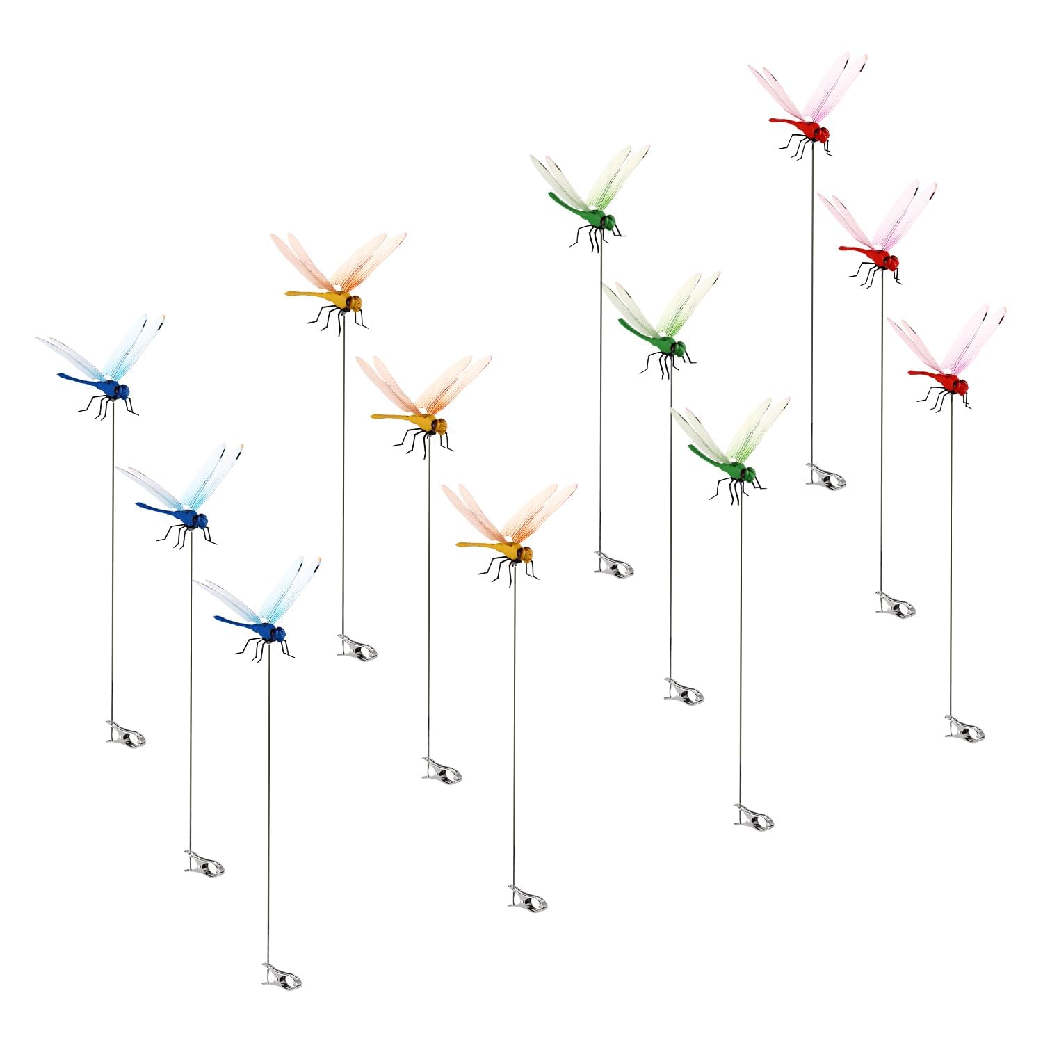 12pcs Dragonfly Clip, 12.4x3.54in 3D Fake Dragonfly Stakes Dragon Fly Clip On Ornament Dragonfly Garden Stake Decorative Garden Stakes for Indoor Outdoor Garden(4 Colors)