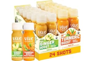 Vive Organic Immune Support Ginger Shot + Turmeric Shot Variety Pack, Cold-Pressed Ginger Root & Turmeric, Gluten Free, Vegan, Immunity Booster, 2 Fl Oz (Pack of 24)