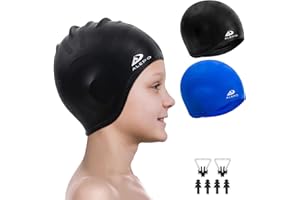 ALEPO 2 Pack Kids Swim Caps for Boys Girls, Durable Silicone Swimming Cap with 3D Ear Pockets for Age 3-15 Toddler Child Youth Teen, Unisex Swim Bath Hats for Short/Long Hair with Ear Plugs Nose Clip