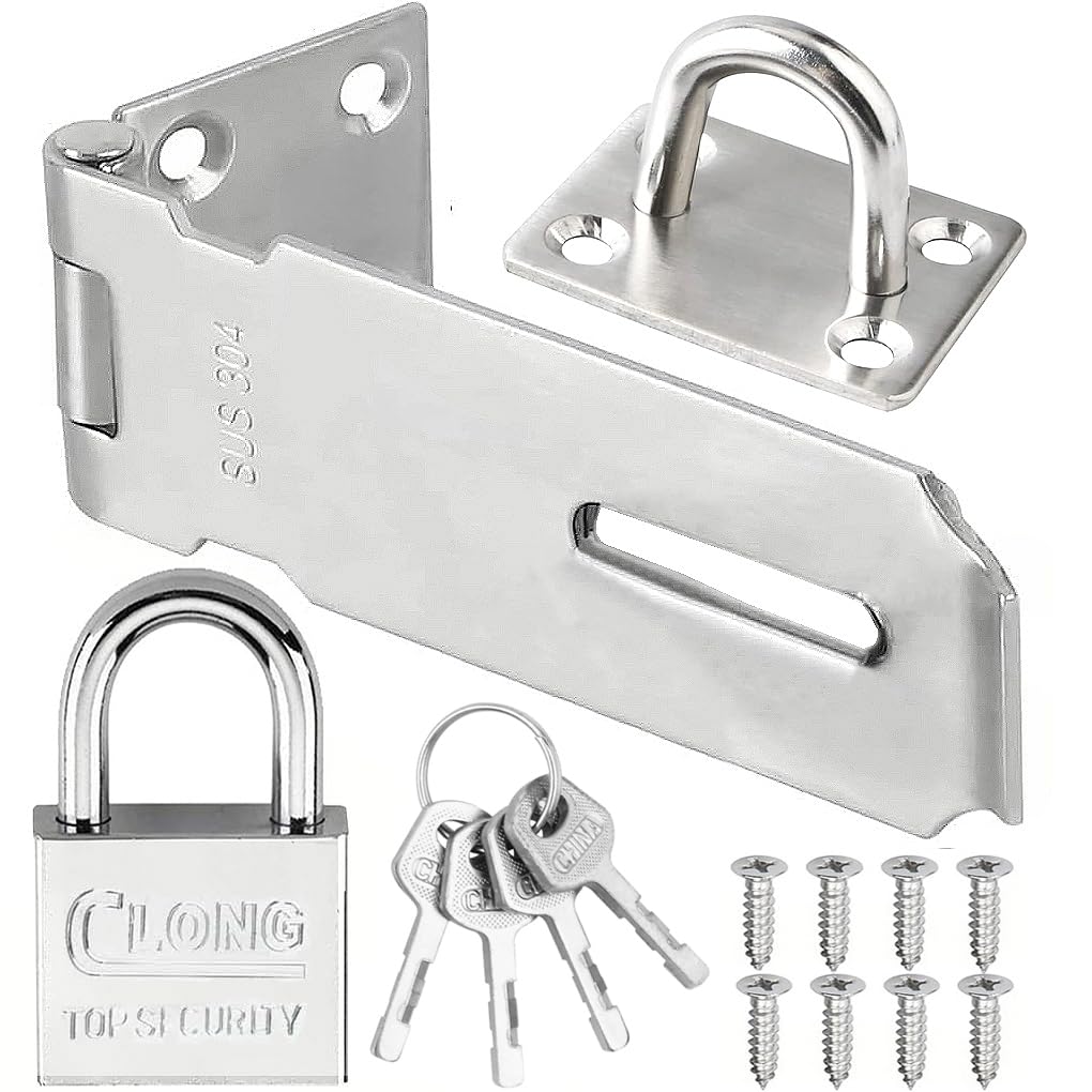 Litensh 3 Inch Stainless Steel Door Locks Hasp Latch with Padlock, Safety Packlock Clasp Hasp Lock Latch, Extra Thick Gate Lock Hasp Clasp Shed Lock for Bedroom Garage Window Silver