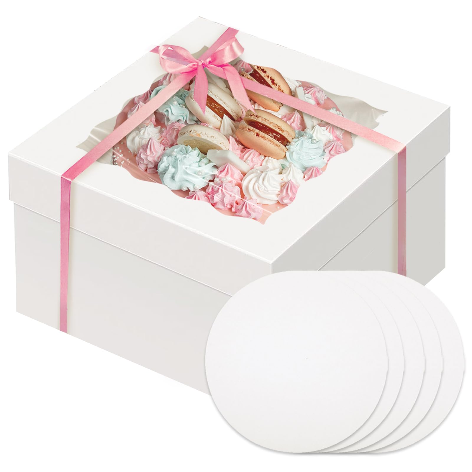 Gcardist 12x12x8 Inch Cake Box, 5 Sets White Cake Box with Window ＆ 5 Sets 12 Inch White Cake Round Boards, Cake Containers(30.5x30.5x20.3cm)
